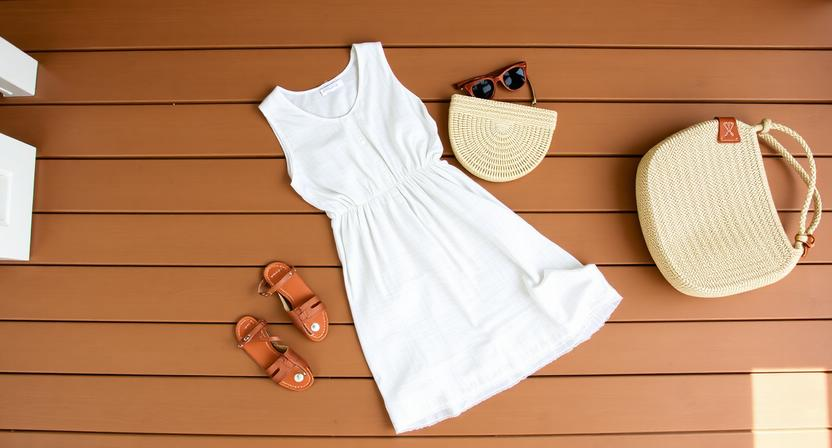 Flat lay on a wooden porch floor. One linen dress, a pair of leather sandals, a straw tote, and a pair of sunglasses. Morning light.